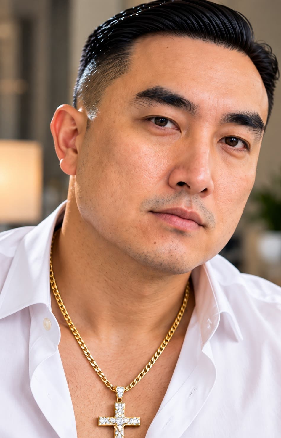 A man in a white shirt wearing a gold chain with a diamond cross